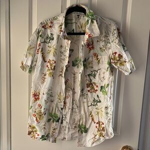 White Botanical Print Short Sleeve Button-Up Shirt